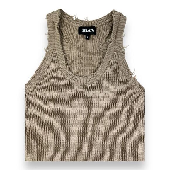 SER.OY.A Yonnit Tan Distressed Ribbed Knit Tank Top Dress Size Medium - Picture 2 of 6
